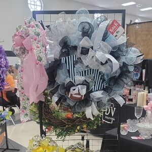 Black, White & Light Blue Decorative Football Wreath